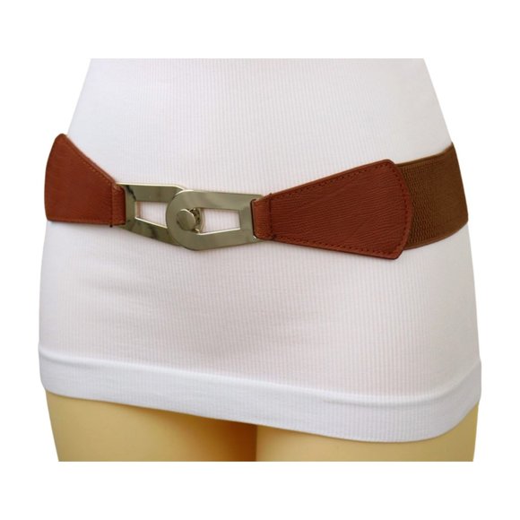 Women Brown Elastic Skinny Waistband Hip Waist Belt Gold Metal Buckle S M z046 - Picture 8 of 13